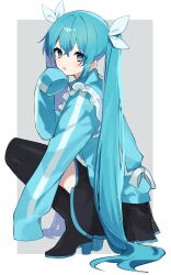Rule 34 | 1girl, :o, absurdres, black skirt, blue eyes, blue hair, blue jacket, boots, frilled jacket, frills, from side, full body, grey background, hair ribbon, hatsune miku, high heel boots, high heels, highres, jacket, long hair, long sleeves, looking at viewer, looking to the side, open mouth, ribbon, skirt, sleeves past fingers, sleeves past wrists, solo, squatting, thigh boots, track jacket, twintails, two-tone background, tyazakura sayu, very long hair, vocaloid, white background, white ribbon
