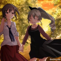 Rule 34 | 10s, 2girls, alternate hairstyle, anchovy (girls und panzer), backlighting, black dress, black neckwear, brown eyes, brown hair, brown shirt, brown skirt, casual, chikomayo, closed eyes, closed mouth, cloud, cloudy sky, collared shirt, commentary request, couple, dress, girls und panzer, green hair, hair ribbon, hand in own hair, holding hands, long hair, long skirt, long sleeves, looking at another, loose necktie, medium dress, multiple girls, necktie, nishizumi maho, one-hour drawing challenge, open mouth, orange sky, outdoors, path, ponytail, ribbon, road, shirt, short hair, single drill, skirt, sky, sleeves rolled up, smile, standing, striped clothes, striped shirt, tree, twilight, twitter username, vertical-striped clothes, vertical-striped shirt, white shirt, yuri