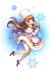 Rule 34 | 1girl, :d, blunt bangs, blush, breath, capelet, cocoa cookie, cookie run, cup, dress, hat, highres, long hair, mug, open mouth, pink eyes, purin (dillahooni), smile, snowflake print, snowflakes, solo, white dress