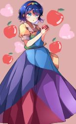 Rule 34 | 1girl, apple, bad id, bad twitter id, blue eyes, blue hair, collared dress, cropped, dress, food, fruit, hairband, highres, holding, long dress, meimei (meimei89008309), multicolored clothes, multicolored dress, multicolored hairband, open mouth, orange background, patchwork clothes, solo, tenkyuu chimata, touhou
