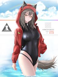 Rule 34 | 1girl, :o, absurdres, animal ears, arknights, artist name, black one-piece swimsuit, blue sky, blush, breasts, brown hair, casual one-piece swimsuit, character name, covered navel, day, ears through headwear, hand in pocket, highres, hood, hood up, hooded jacket, jacket, large breasts, long hair, long sleeves, looking at viewer, official alternate costume, one-piece swimsuit, open clothes, open jacket, open mouth, projekt red (arknights), projekt red (light breeze) (arknights), rainbow, red jacket, rhodes island logo (arknights), sky, solo, swimsuit, unzipped, wading, water, wolf ears, yellow eyes, zhutou 333, zipper pull tab