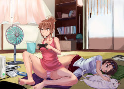 Rule 34 | 2girls, :q, bad id, bad pixiv id, barefoot, book, brown hair, cat, controller, curtains, feet, game console, game controller, hairband, hand fan, highres, holding, irohara, lying, multiple girls, on side, original, panties, playstation 3, recycle bin, short hair, sitting, striped clothes, striped panties, tongue, tongue out, underwear, xbox 360