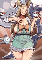 Rule 34 | 1girl, ^ ^, absurdres, alternate breast size, blush, bow, breasts, brown background, brown bow, brown eyes, brown hair, cleavage, closed eyes, closed mouth, collarbone, commentary request, covered navel, creatures (company), dress, game freak, gen 1 pokemon, gen 2 pokemon, green dress, grin, hair bobbles, hair ornament, hands up, head tilt, highres, holding, holding poke ball, huge breasts, impossible clothes, impossible dress, jasmine (pokemon), legs together, light rays, long hair, long sleeves, looking at viewer, magnemite, nikuatsu magician shinbo, nintendo, poke ball, pokemon, pokemon (creature), pokemon hgss, red eyes, short dress, sideboob, smile, sparkle, standing, steelix, v-shaped eyebrows