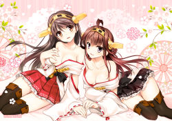 Rule 34 | 10s, 2girls, black hair, boots, breasts, brown hair, cleavage, covering one breast, covering privates, detached sleeves, female focus, floral print, frilled skirt, frills, gunp, hairband, haruna (kancolle), japanese clothes, kantai collection, kongou (kancolle), long hair, miko, multiple girls, nontraditional miko, off shoulder, open mouth, parted lips, personification, petals, ribbon-trimmed sleeves, ribbon trim, skirt, thigh boots, thigh gap, thighhighs, zettai ryouiki