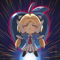 Rule 34 | aki rosenthal, aki rosenthal (1st costume), apple, arms up, black thighhighs, blonde hair, blue jacket, bob cut, boots, chibi, closed eyes, collared dress, detached hair, dress, elbow gloves, food, fruit, gloves, headgear, highres, hololive, jacket, long hair, low twintails, necktie, parted bangs, pleated dress, red necktie, sentai, short dress, short hair, short sleeves, shrug (clothing), smile, solo, thigh boots, thighhighs, twin (tt lsh), twintails, two-tone dress, v-shaped eyebrows, virtual youtuber, white dress, white gloves