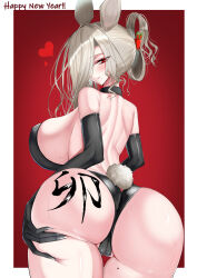 Rule 34 | 1girl, absurdres, animal ears, ass, ass grab, back, backless leotard, bare shoulders, breasts, cameltoe, chinese zodiac, cowboy shot, from behind, grabbing own ass, grey hair, hair over one eye, hair rings, happy new year, heart, highres, huge ass, huge breasts, kaoru1307, large breasts, leaning forward, leotard, looking at viewer, looking back, mole, mole under mouth, new year, original, rabbit ears, rabbit tail, red eyes, shoulder blades, sideboob, simple background, smile, solo, tail, thigh gap, year of the rabbit