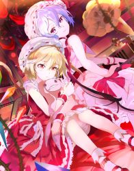 Rule 34 | 119, 2girls, :&lt;, bare arms, blonde hair, commentary request, flandre scarlet, hair between eyes, hat, hat ribbon, highres, hugging object, indoors, light purple hair, looking at viewer, looking back, mob cap, multiple girls, phonograph, pink skirt, red eyes, red footwear, red ribbon, red skirt, remilia scarlet, ribbon, ribbon-trimmed headwear, ribbon trim, shoes, siblings, sisters, sitting, skirt, sleeveless, smile, socks, stairs, stuffed toy, touhou, white hat, white legwear, wrist cuffs