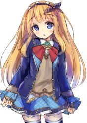 Rule 34 | 10s, 1girl, blonde hair, blue eyes, blue skirt, blush, cagliostro (granblue fantasy), cagliostro (youthful uniform) (granblue fantasy), collared shirt, cowboy shot, eyebrows, granblue fantasy, hair ornament, hairband, long hair, long sleeves, looking at viewer, mokoke, neckerchief, open mouth, pleated skirt, pocket, shirt, sidelocks, simple background, skirt, solo, thighhighs, white background, white shirt, zettai ryouiki