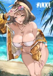 Rule 34 | 1girl, :d, absurdres, ahoge, anis (nikke), anis (sparkling summer) (nikke), bare shoulders, beret, bikini, black hat, brown hair, commentary request, eyepatch bikini, eyewear on head, feet out of frame, goddess of victory: nikke, hat, highres, jacket, jewelry, leaning forward, long sleeves, looking at viewer, nail polish, navel, open mouth, pendant, pink nails, short hair, smile, solo, standing, stomach, strapless, strapless bikini, sunglasses, swimsuit, thighs, white bikini, yellow eyes, yellow jacket, yujieai