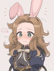 Rule 34 | ..., 1girl, @ @, animal ears, black dress, blush, bow, brown background, brown hair, chibi, closed mouth, commentary request, dress, embarrassed, eno (preno gb), fake animal ears, florence (granblue fantasy), granblue fantasy, green eyes, hairband, long hair, nose blush, notice lines, rabbit ears, raised eyebrows, simple background, smile, solo, spoken ellipsis, sweat, upper body
