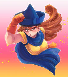 Rule 34 | 1girl, alena (dq4), angry, brown eyes, cape, curly hair, defense zero, dragon quest, dragon quest iv, earrings, fighting stance, floating hair, gloves, hat, jewelry, long hair, orange gloves, orange hair, shirt, short sleeves, solo, square enix, yellow shirt