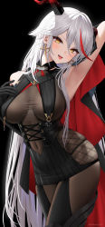 Rule 34 | 1girl, :d, absurdres, aegir (azur lane), arm behind head, arm up, armpits, azur lane, black background, black gloves, black skirt, black thighhighs, blush, bodysuit, bodysuit under clothes, breasts, cape, commentary request, covered navel, cowboy shot, cross, elbow gloves, fishnets, garter straps, gloves, hair between eyes, head tilt, high-waist skirt, highres, horns, iron cross, kohanayuki, large breasts, long hair, looking at viewer, multicolored hair, open mouth, red cape, red hair, silver hair, simple background, skindentation, skirt, smile, solo, streaked hair, teeth, thighhighs, tongue, tongue out, twitter username, two-tone hair, upper teeth only, very long hair, yellow eyes