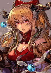 Rule 34 | 1girl, blonde hair, bow, breasts, character request, cleavage, granblue fantasy, grey background, hair bow, horns, hungry clicker, large breasts, long hair, looking at viewer, parted lips, red bow, red eyes, solo, upper body