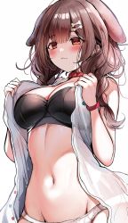 Rule 34 | 1girl, absurdres, animal ears, black bra, blush, bone hair ornament, bra, braid, breasts, brown hair, closed mouth, dog ears, dress, groin, hair ornament, hands up, highres, hololive, inugami korone, inugami korone (1st costume), large breasts, long hair, navel, open clothes, open dress, panties, sak (lemondisk), see-through, simple background, sleeveless, solo, twin braids, underwear, virtual youtuber, white background, white dress, white panties, wristband