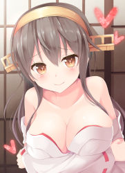 Rule 34 | 10s, 1girl, aibumi, blush, breasts, brown eyes, brown hair, collarbone, detached sleeves, haruna (kancolle), headgear, heart, heart-shaped pupils, highres, kantai collection, large breasts, nontraditional miko, off shoulder, pen-zin, self hug, solo, symbol-shaped pupils
