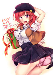 Rule 34 | 10s, 1girl, arm behind head, ass, birthday, blush, box, breasts, cabbie hat, cameltoe, gift, gift box, happy birthday, hat, impossible clothes, impossible shirt, large breasts, looking at viewer, love live!, love live! school idol festival, love live! school idol project, miniskirt, mob cap, nishikino maki, open mouth, panties, pink panties, pleated skirt, puffy short sleeves, puffy sleeves, purple eyes, red hair, shiny clothes, shirt, short hair, short sleeves, skirt, smile, solo, thighs, tongue, underwear, upskirt, vest, white shirt, windart