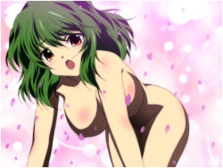 Rule 34 | 1girl, :o, all fours, blush, breasts, censored, censored nipples, convenient censoring, female focus, green hair, groin, hanging breasts, highres, kazami yuuka, large breasts, nude, open mouth, petal censor, petals, red eyes, short hair, solo, touhou, yadokari genpachirou