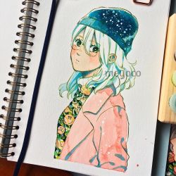 Rule 34 | 1girl, art tools in frame, artist name, bad id, bad instagram id, beanie, blazer, blue hat, blush, cropped torso, expressionless, floral print, flower, from side, glasses, hat, jacket, long hair, looking at viewer, meyoco, original, photo (medium), pink flower, pink jacket, print sweater, simple background, solo, sweater, traditional media, turtleneck, turtleneck sweater, upper body, white background, white hair
