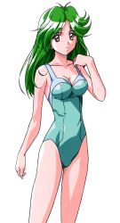 Rule 34 | 1990s (style), 1girl, adjusting clothes, adjusting swimsuit, asou kasumi, breasts, casual one-piece swimsuit, cleavage, cowboy shot, expressionless, feet out of frame, green hair, kokura masashi, long hair, official art, one-piece swimsuit, photoshop (medium), retro artstyle, simple background, solo, swimsuit, tokimeki memorial, tokimeki memorial 2, white background