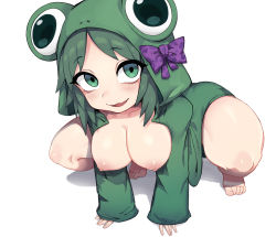 Rule 34 | 1girl, absurdres, all fours, animal hood, bad id, bad pixiv id, black souls, bow, breasts, collarbone, empty eyes, fang, frog hood, frog princess (black souls), green eyes, green hair, green jacket, highres, hood, hood up, hooded jacket, jacket, long sleeves, medium breasts, medium hair, naked jacket, nipples, nyong nyong, open clothes, open jacket, open mouth, purple bow, shadow, simple background, skin fang, sleeves past wrists, smile, white background