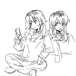 Rule 34 | 1girl, closed mouth, crossed legs, ggzi152437, girls band cry, greyscale, holding, holding phone, jewelry, kawaragi momoka, long hair, long sleeves, monochrome, multiple views, necklace, open mouth, phone, sitting, sketch, sweatdrop