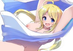 Rule 34 | 1girl, :d, ahoge, blonde hair, blue eyes, blush, breasts, hachimiya meguru, happy, highres, hitotu no naka, holding, holding towel, idolmaster, idolmaster shiny colors, large breasts, long hair, looking at viewer, low twintails, navel, nipples, nude, open mouth, outstretched arms, simple background, smile, solo, towel, twintails