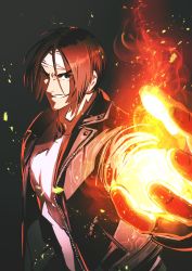 Rule 34 | 1boy, azuma kyoutarou (artist), black background, black vest, brown eyes, brown hair, fire, hairband, highres, kusanagi kyou, light particles, long sleeves, male focus, open mouth, parted bangs, pyrokinesis, shirt, short hair, simple background, smile, snk, solo, the king of fighters, the king of fighters xv, upper body, v-shaped eyebrows, vest, white hairband, white shirt, zipper