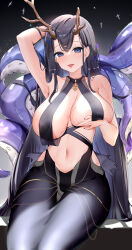 Rule 34 | 1girl, absurdres, areola slip, arm up, armpits, azur lane, black background, black dress, black hair, black nails, blue eyes, blush, breasts, cleavage, collarbone, dress, golden hind (azur lane), highres, horns, large breasts, long hair, looking at viewer, mole, mole under mouth, navel, sideboob, smile, stomach, tentacles, tongue, tongue out, usagi poi, wet