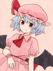 Rule 34 | 1girl, ascot, batta (ijigen debris), blue hair, blush, closed mouth, hat, looking at viewer, mob cap, pink background, pink cap, pink hat, pink shirt, pink skirt, puffy short sleeves, puffy sleeves, red ascot, red eyes, remilia scarlet, shirt, short hair, short sleeves, simple background, skirt, solo, touhou, wings, wristband