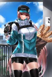 Rule 34 | 1girl, absurdres, alternate costume, backpack, bag, baseball cap, black gloves, black hat, black shorts, black thighhighs, blue jacket, blue sky, bread, breasts, casul, cloud, day, fate/grand order, fate (series), fingerless gloves, florence nightingale (fate), food, gloves, hat, highres, jacket, large breasts, long sleeves, multicolored clothes, multicolored jacket, paper bag, short shorts, shorts, sky, solo, thighhighs, white jacket