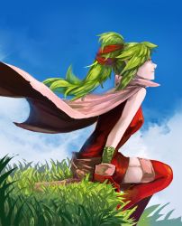 Rule 34 | 1girl, bad deviantart id, bad id, bracelet, breasts, cape, dress, fire emblem, fire emblem awakening, gloves, grass, green eyes, green hair, hair ornament, hair ribbon, jewelry, livious, long hair, looking away, looking up, matching hair/eyes, nintendo, pointy ears, ponytail, red thighhighs, ribbon, sitting, small breasts, smile, solo, thighhighs, tiki (adult) (fire emblem), tiki (fire emblem)