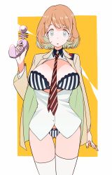 Rule 34 | 1girl, alternate breast size, arm at side, blazer, blue eyes, bra, breasts, breasts out, brown hair, energy gun, gluteal fold, highres, holding, jacket, large breasts, long sleeves, looking at viewer, nananiku ichiko, narusawa ryouka, no pants, occultic;nine, open clothes, open jacket, panties, parted lips, ray gun, shirt, solo, standing, striped bra, striped clothes, striped neckwear, striped panties, thighhighs, underwear, vertical-striped bra, vertical-striped clothes, vertical-striped panties, weapon, white shirt, white thighhighs