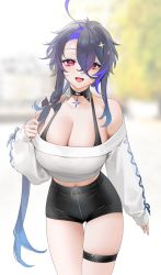 Rule 34 | 1girl, :d, absurdres, ahoge, azur lane, bad id, bad pixiv id, bare shoulders, black shorts, blurry, blurry background, breasts, cleavage, collarbone, cowboy shot, cropped sweater, cross, cross hair ornament, crossed bangs, day, detached collar, foch (azur lane), foch (rainbow rendezvous) (azur lane), grey hair, hair between eyes, hair ornament, hair over one eye, hand up, high-waist shorts, highres, large breasts, latex shorts, long hair, looking at viewer, midriff peek, multicolored hair, navel, off-shoulder sweater, off shoulder, official alternate costume, ohisashiburi, open mouth, outdoors, purple hair, red eyes, ribbon-trimmed sleeves, ribbon trim, shorts, sidelocks, skindentation, sleeves past wrists, smile, solo, standing, sweater, thigh gap, thighs, white sweater, zipper pull tab