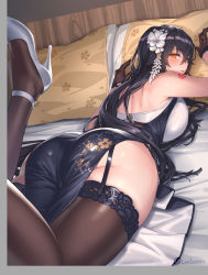 Rule 34 | 1girl, alternate costume, ass, azuma (azur lane), azuma (soft voice of spring) (azur lane), azur lane, bare shoulders, black dress, black gloves, black hair, black thighhighs, blush, breasts, china dress, chinese clothes, commentary request, cuboon, dress, flower, from behind, garter straps, gloves, hair between eyes, hair flower, hair ornament, half gloves, high heels, highres, huge ass, large breasts, long hair, looking at viewer, looking back, lying, on stomach, parted lips, pelvic curtain, pillow, shoulder tattoo, smile, solo, tattoo, thighhighs, thighs, twitter username, very long hair, white flower, white footwear, yellow eyes
