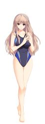 Rule 34 | 1girl, absurdres, barefoot, blonde hair, brown eyes, competition swimsuit, full body, highres, iizuki tasuku, long hair, lovely x cation, one-piece swimsuit, simple background, solo, swimsuit, transparent background, tsukioka misasa