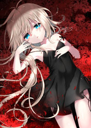 Rule 34 | 1girl, bare arms, bare shoulders, black dress, blonde hair, blue eyes, blush, breasts, collarbone, commentary request, dress, eyebrows hidden by hair, flower, hair between eyes, hand up, looking at viewer, lying, on back, original, parted lips, petals, pleated dress, red flower, signature, sleeveless, sleeveless dress, small breasts, solo, spider lily, strap slip, tia-chan, uchuuneko