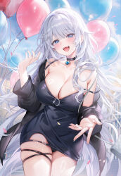 Rule 34 | 1girl, absurdres, balloon, bare shoulders, black dress, black jacket, black panties, blue eyes, blush, breasts, cleavage, commentary request, dress, fangs, highres, jacket, large breasts, long hair, looking at viewer, machi (7769), off shoulder, open clothes, open jacket, open mouth, original, outdoors, panties, pantyshot, smile, solo, thigh strap, underwear, white hair