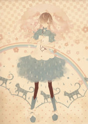 Rule 34 | 1girl, antenna hair, boots, bow, braid, brown eyes, brown pantyhose, cat, checkered background, flower, hair over one eye, highres, holding, holding umbrella, lace, light smile, looking at viewer, mitsuki mouse, original, pantyhose, polka dot, print shirt, print skirt, rain, rainbow, sepia, shirt, short sleeves, skirt, solo, standing, star-shaped pupils, star (symbol), symbol-shaped pupils, twin braids, umbrella