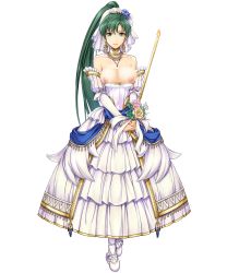 Rule 34 | beazy, bouquet, breasts, breasts out, candle, choker, dress, earrings, fire emblem, fire emblem: the blazing blade, fire emblem heroes, flower, gloves, green eyes, green hair, highres, jewelry, long hair, looking at viewer, lyn (fire emblem), nintendo, nude filter, ponytail, shirt down, slippers, smile, third-party edit, very long hair, wedding dress, white background, white dress