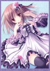 Rule 34 | 10s, 1girl, :o, absurdres, bare shoulders, black thighhighs, blush, child, collarbone, dress, flower, frills, hair flower, hair ornament, hand to own mouth, highres, huge filesize, kashii airi, lolita fashion, looking at viewer, lying, minato tomoka, on back, open mouth, panties, purple eyes, purple hair, ribbon, rou-kyuu-bu!, short hair, solo, thighhighs, tinker bell (pixiv 10956015), underwear, white panties