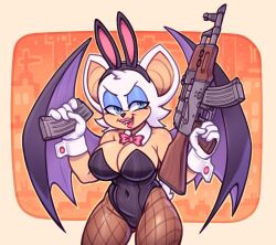 Rule 34 | 1girl, ak-47, akm, animal ears, assault rifle, blue eyes, bow, bowtie, breasts, detached collar, fishnet pantyhose, fishnets, furry, furry female, gloves, goobone, gun, highres, holding, holding gun, holding weapon, kalashnikov rifle, large breasts, leotard, looking at viewer, pantyhose, playboy bunny, rabbit ears, rifle, rouge the bat, simple background, sonic (series), weapon, white gloves
