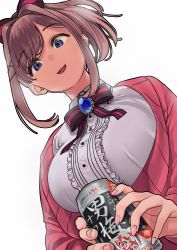 Rule 34 | 1girl, absurdres, black bow, blue eyes, bow, breasts, brown hair, can, center frills, collared shirt, frills, from below, gem, hair bow, hair ornament, hairclip, haru-bird, highres, holding, holding can, large breasts, medium hair, nail polish, nijisanji, open mouth, pink bow, pink nails, shirt, simple background, smile, solo, striped, striped bow, suzuhara lulu, swept bangs, upper body, virtual youtuber, white background, white shirt