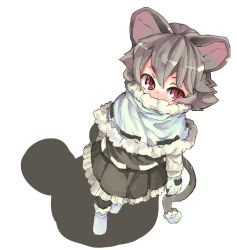 Rule 34 | 1girl, animal ears, animal print, black dress, black pantyhose, blue gloves, blush, covering own mouth, dress, full body, gloves, grey hair, highres, long sleeves, looking at viewer, looking up, mouse (animal), mouse ears, mouse print, mouse tail, nazrin, no shoes, nose blush, pantyhose, poncho, red eyes, short hair, simple background, slit pupils, socks, solo, standing, tail, tareme, touhou, white background, white socks, winter clothes, yunuki uta