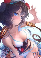 Rule 34 | 1girl, belt, bikini, black hair, blue eyes, blush, breasts, calligraphy brush, cleavage, collarbone, commentary request, fate/grand order, fate (series), floral print, flower, from above, goggles, goggles on head, hair between eyes, hair flower, hair ornament, hand up, highres, imizu (nitro unknown), katsushika hokusai (fate), katsushika hokusai (swimsuit saber) (fate), long hair, looking at viewer, medium breasts, paintbrush, solo, swimsuit, upper body, water drop