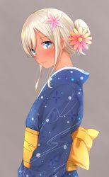 Rule 34 | 10s, 1girl, absurdres, alternate costume, alternate hairstyle, blue eyes, brown background, eyebrows, flower, go-1, hair bun, hair flower, hair ornament, highres, japanese clothes, kantai collection, kimono, long sleeves, looking at viewer, looking to the side, pink flower, ro-500 (kancolle), sash, sidelocks, simple background, single hair bun, solo, tareme, upper body, yukata