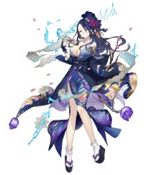 Rule 34 | 1girl, asymmetrical hair, black hair, branch, breasts, cherry blossoms, earrings, full body, grey eyes, hair ornament, japanese clothes, jewelry, ji no, kaguya (sinoalice), kimono, large breasts, long hair, looking at viewer, nail polish, official art, okobo, petals, sandals, sinoalice, skull, smile, socks, solo, transparent background, wide sleeves