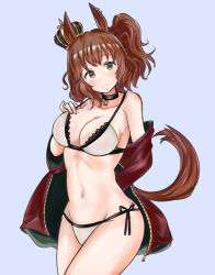 Rule 34 | 1girl, alternate costume, animal ears, aston machan (umamusume), blush, breasts, cleavage, closed mouth, collar, collarbone, crown, green eyes, hair ornament, highres, horse ears, horse girl, horse tail, jacket, large breasts, looking at viewer, medium hair, navel, simple background, smile, solo, swimsuit, tail, umamusume, vandy76