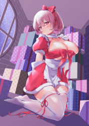 Rule 34 | 1girl, absurdres, apron, arms behind back, azur lane, blush, bob cut, box, breasts, breasts out, classic (zildjian33), cleavage, dress, full body, fur-trimmed dress, fur trim, gift, gift box, hair between eyes, highres, indoors, kneeling, looking at viewer, maid, pink hair, puffy short sleeves, puffy sleeves, red dress, red eyes, red ribbon, ribbon, short dress, short sleeves, sirius (azur lane), solo, thighhighs, white apron, white thighhighs, zettai ryouiki