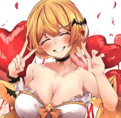 Rule 34 | 1girl, absurdres, bare shoulders, bat hair ornament, black choker, blonde hair, blush, bob cut, breasts, chemise, choker, cleavage, double v, facing viewer, fang, frills, grin, hair ornament, hairclip, hexagram, highres, hololive, jewelry, large breasts, pendant, revealing clothes, short hair, smile, solo, strapless, upper body, v, virtual youtuber, yozora mel, yozora mel (1st costume), yukirei