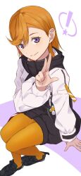 Rule 34 | !, 1girl, black footwear, black sweater, closed mouth, commentary request, highres, long sleeves, looking at viewer, love live!, love live! superstar!!, medium hair, orange hair, orange pantyhose, pantyhose, purple eyes, shibuya kanon, shoes, sitting, smile, solo, sweater, w, white sleeves, yanase eiwa